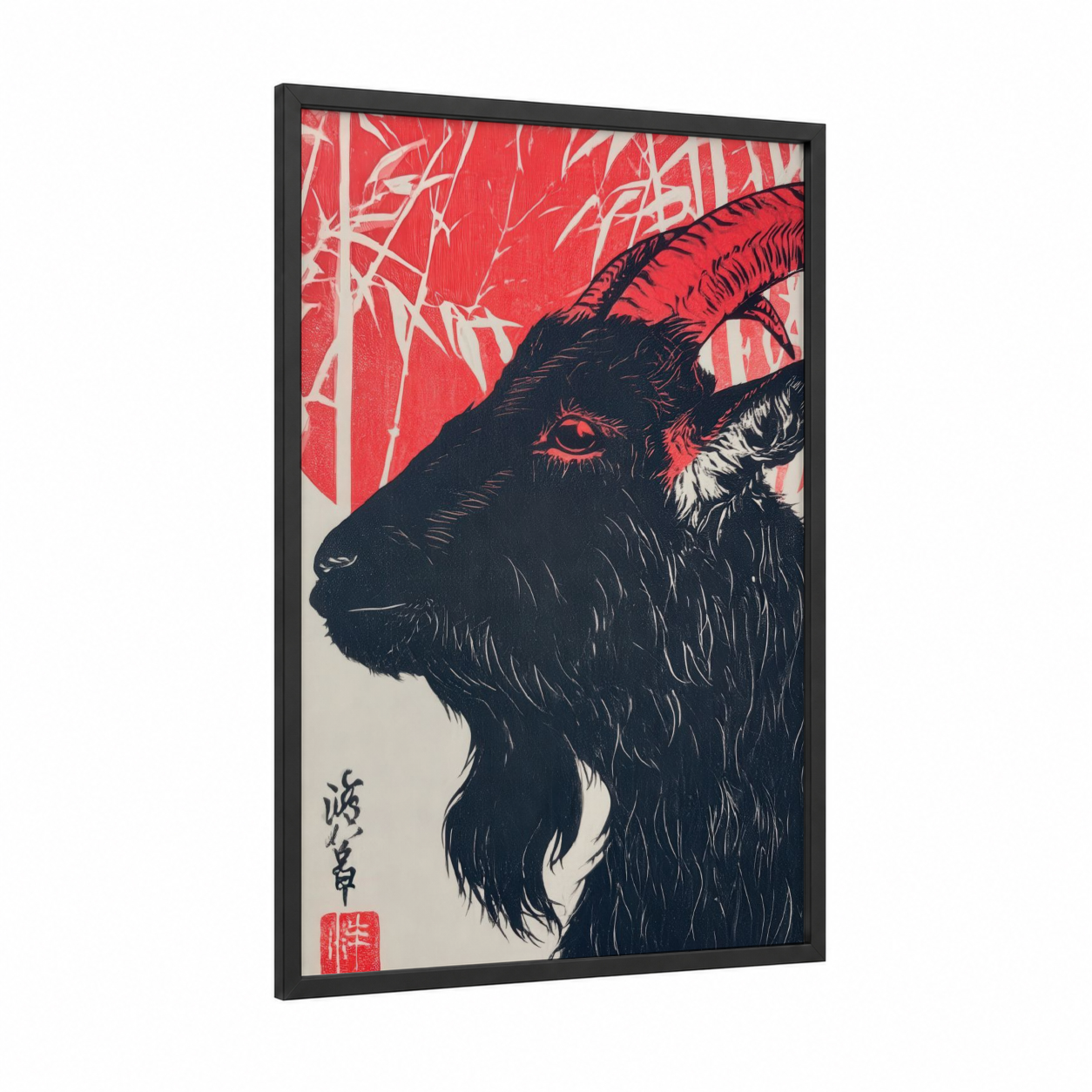 Alpine Goat framed art print — black wood frame — red and black and white palette