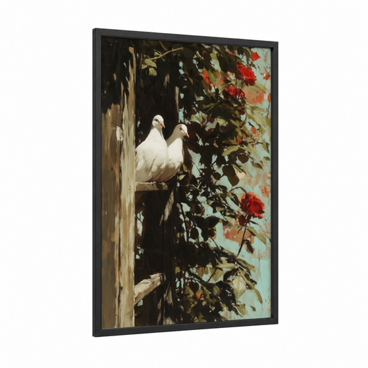 White Doves Garden framed art print — black wood frame — white and red palette