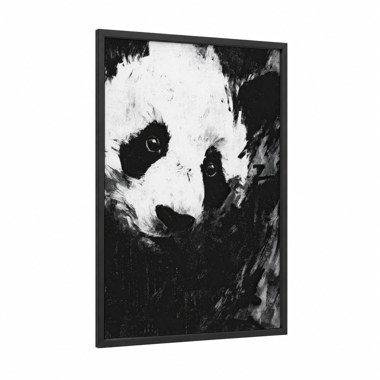 Contemplative Panda framed art print — black wood frame — black and white palette