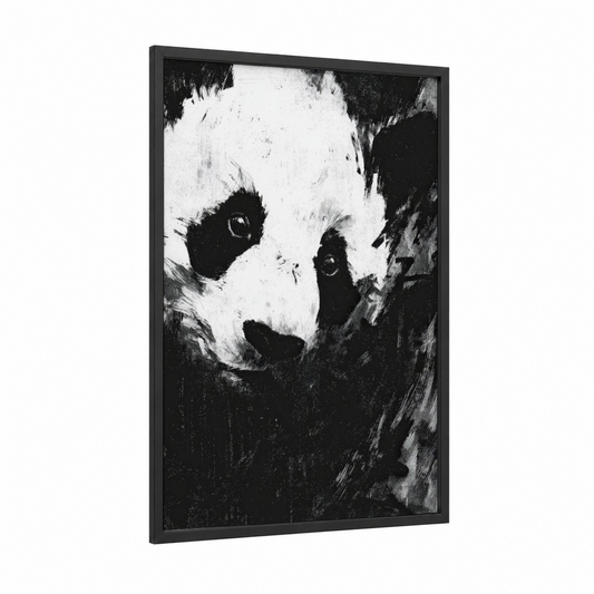 Contemplative Panda framed art print — black wood frame — black and white palette