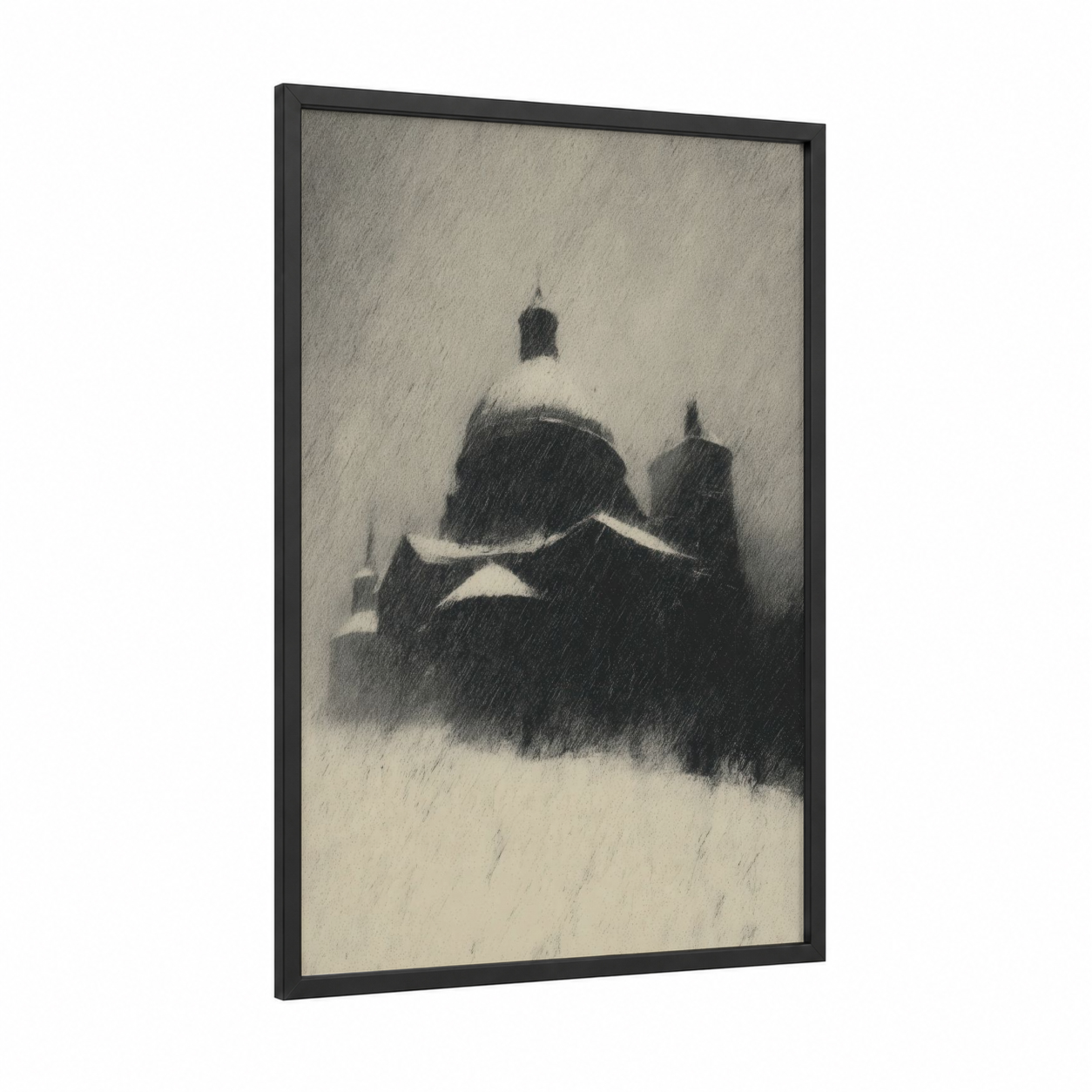 Misty Cathedral framed saint paul's cathedral print — black wood frame — gray and black and white palette