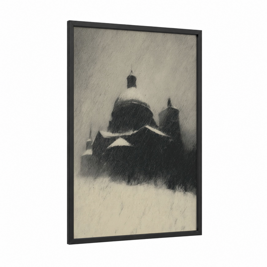 Misty Cathedral framed saint paul's cathedral print — black wood frame — gray and black and white palette