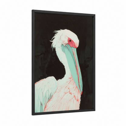 Coral Pelican framed art print — black wood frame — white and salmon pink palette