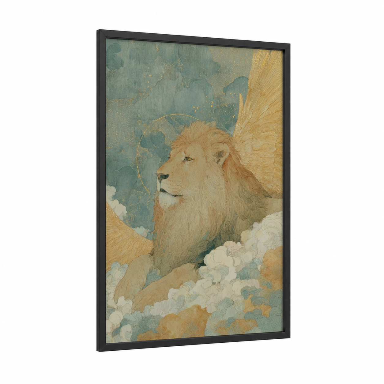 Celestial Lion framed leo print — black wood frame — gold and teal palette