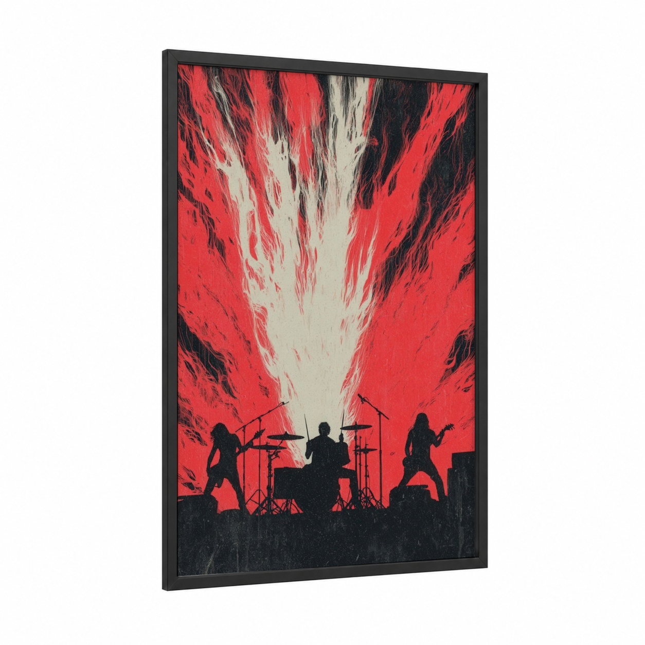 Crimson Stage Fury framed death metal print — black wood frame — red and black palette