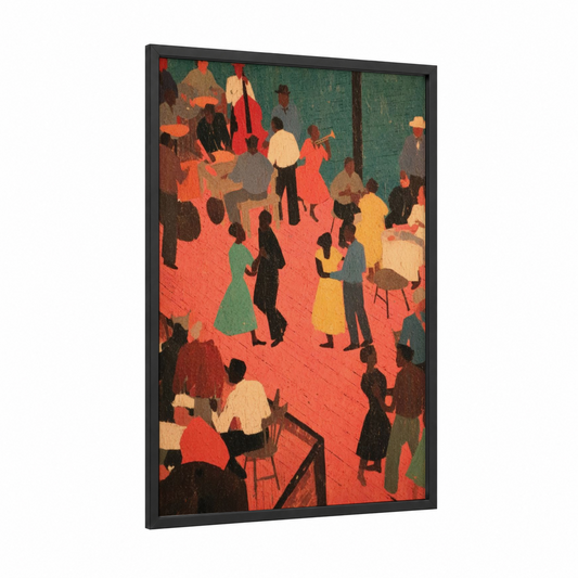 Jazz Club Gathering framed blues print — black wood frame — red and dark green palette