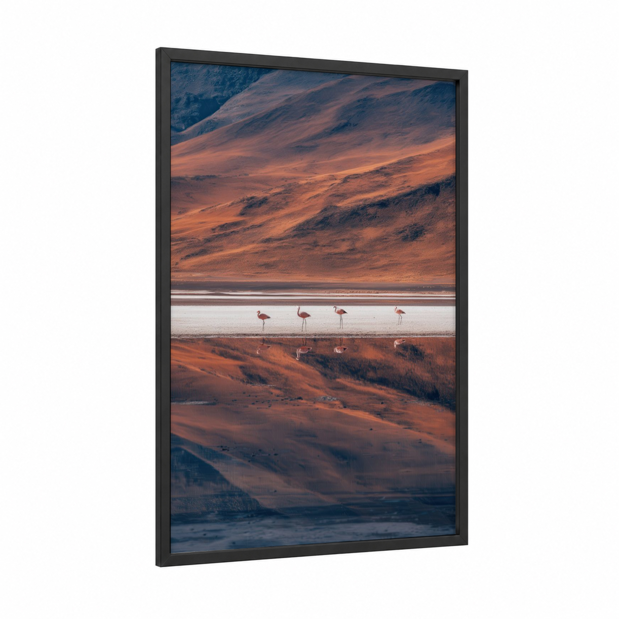 Flamingo Lagoon framed art print — black wood frame — orange and blue palette