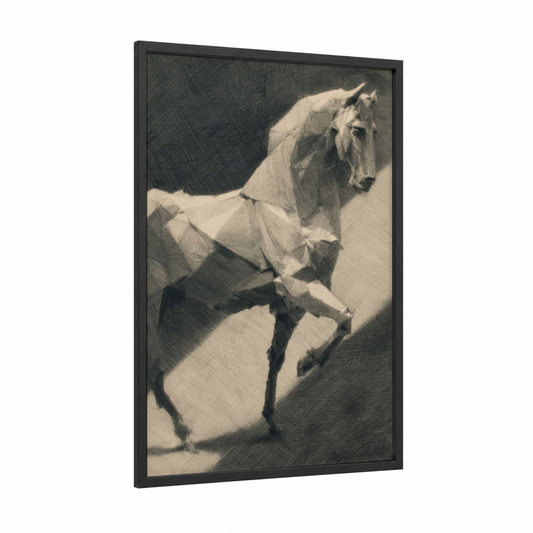 Prancing Andalusian framed andalusian horse print — black wood frame — black and white and gray palette