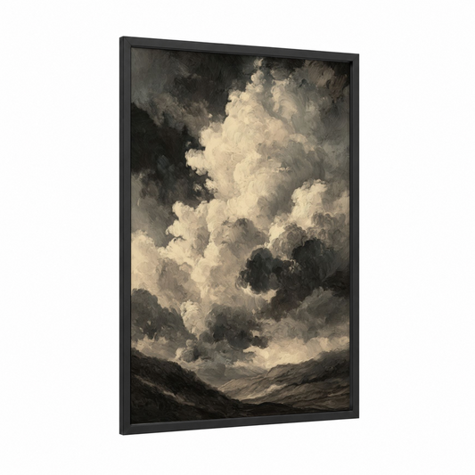 Dramatic Storm Surge framed art print — black wood frame — black and white and gray palette