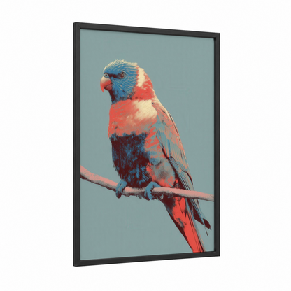 Vibrant Lorikeet framed rainbow lorikeet print — black wood frame — red and blue palette