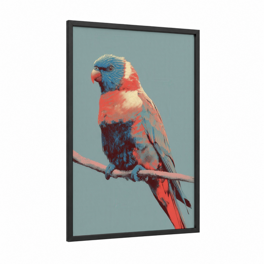 Vibrant Lorikeet framed rainbow lorikeet print — black wood frame — red and blue palette