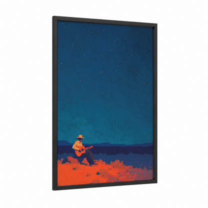Desert Troubadour framed country print — black wood frame — blue and orange palette