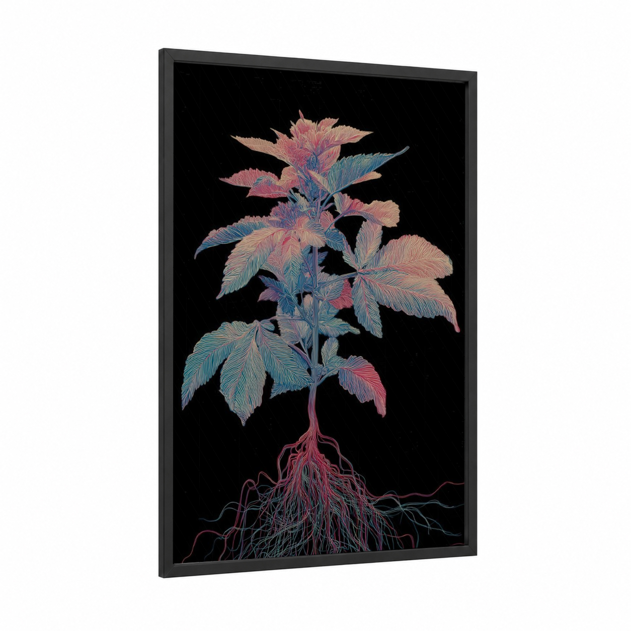 Neon Root System framed cannabis print — black wood frame — pink and blue palette