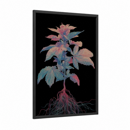 Neon Root System framed cannabis print — black wood frame — pink and blue palette