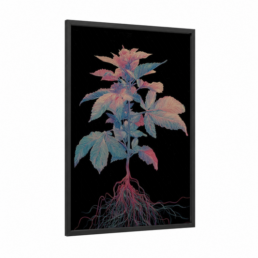 Neon Root System framed cannabis print — black wood frame — pink and blue palette