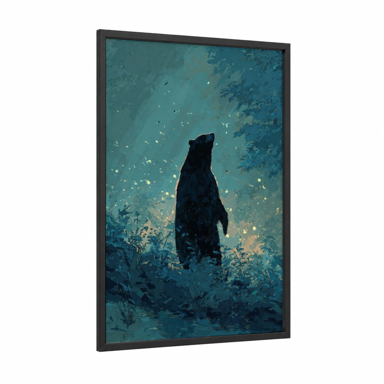 Starlit Sloth Bear framed art print — black wood frame — teal and blue palette