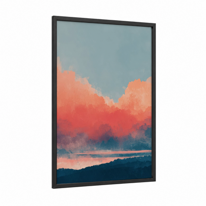 Crimson Morning Sky framed art print — black wood frame — salmon pink and blue palette