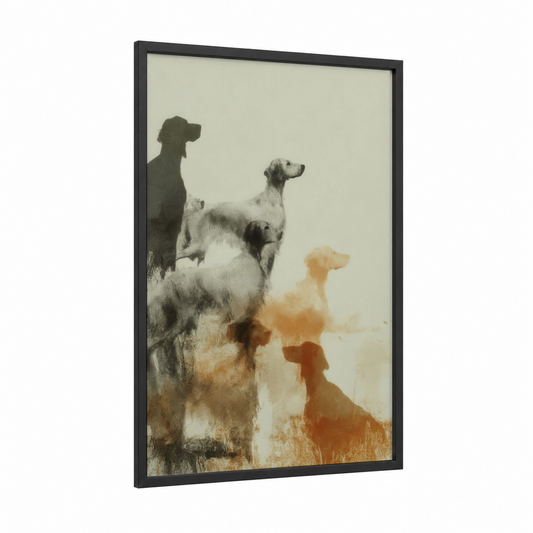 Setter Pack Portrait framed art print — black wood frame — cream and dove gray palette