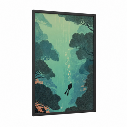 Coral Reef Diver framed diving print — black wood frame — turquoise and teal palette