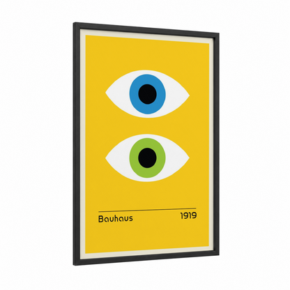 Bauhaus Eyes framed abstract geometric print — black wood frame — yellow and blue palette
