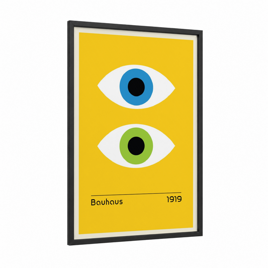 Bauhaus Eyes framed abstract geometric print — black wood frame — yellow and blue palette