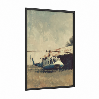 Vintage Helicopter Hangar framed art print — black wood frame — beige and blue palette