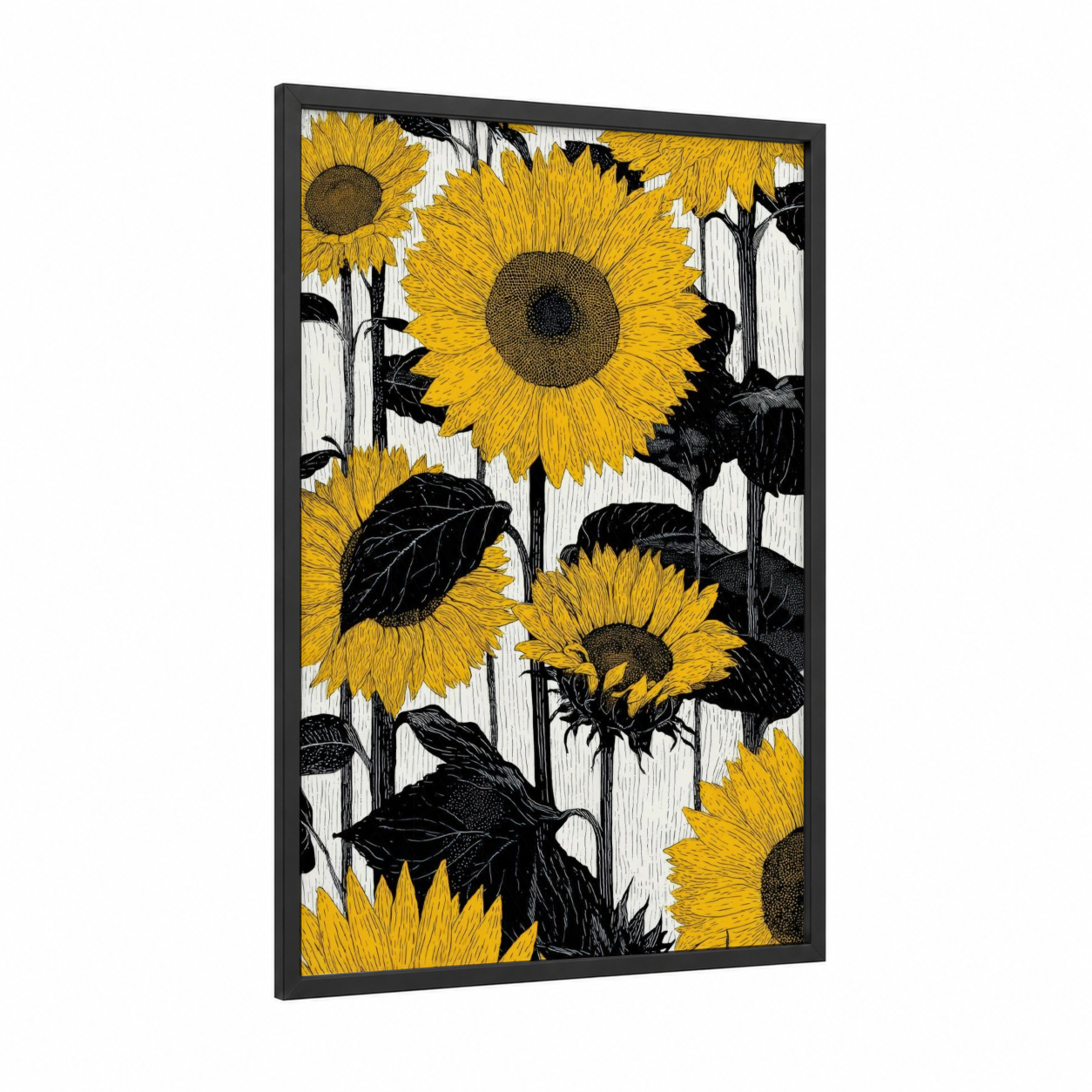 Golden Sunflower Field framed art print — black wood frame — yellow gold and black and white palette