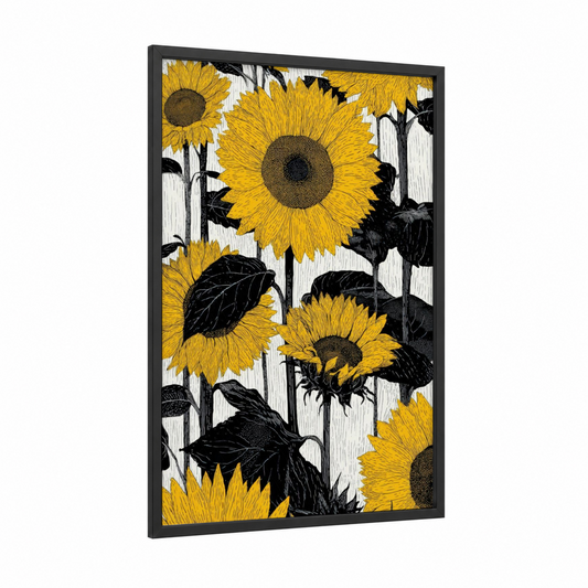 Golden Sunflower Field framed art print — black wood frame — yellow gold and black and white palette