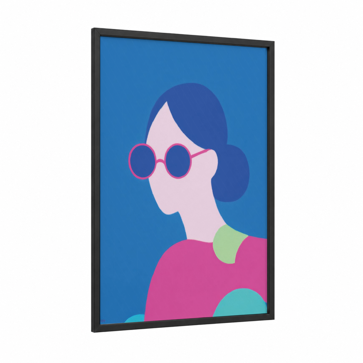 Colorful Fashion Portrait framed fashion illustration print — black wood frame — blue and magenta palette