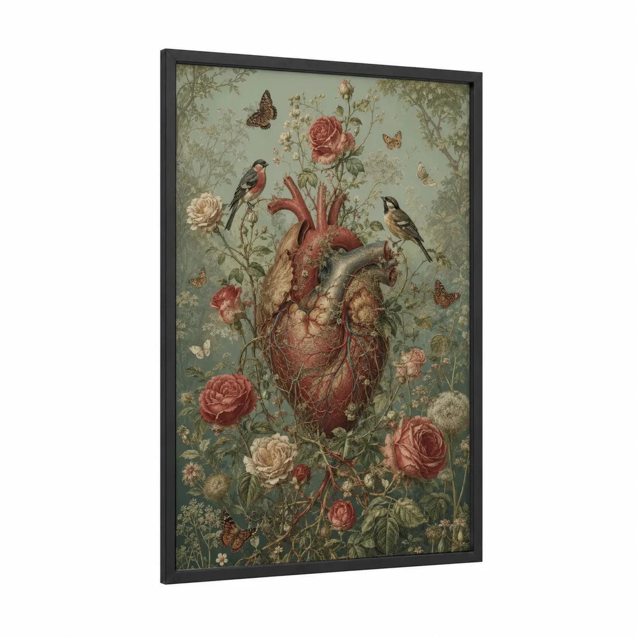 Anatomical Heart Floral Songbird Wall Art framed roses print — black wood frame — rose gold and sage green palette