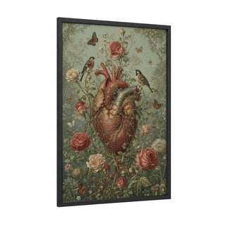 Anatomical Heart Floral Songbird Wall Art framed roses print — black wood frame — rose gold and sage green palette