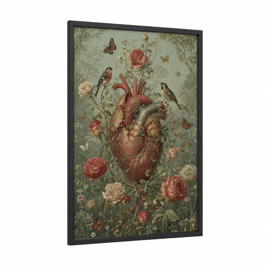 Anatomical Heart Floral Songbird Wall Art framed roses print — black wood frame — rose gold and sage green palette