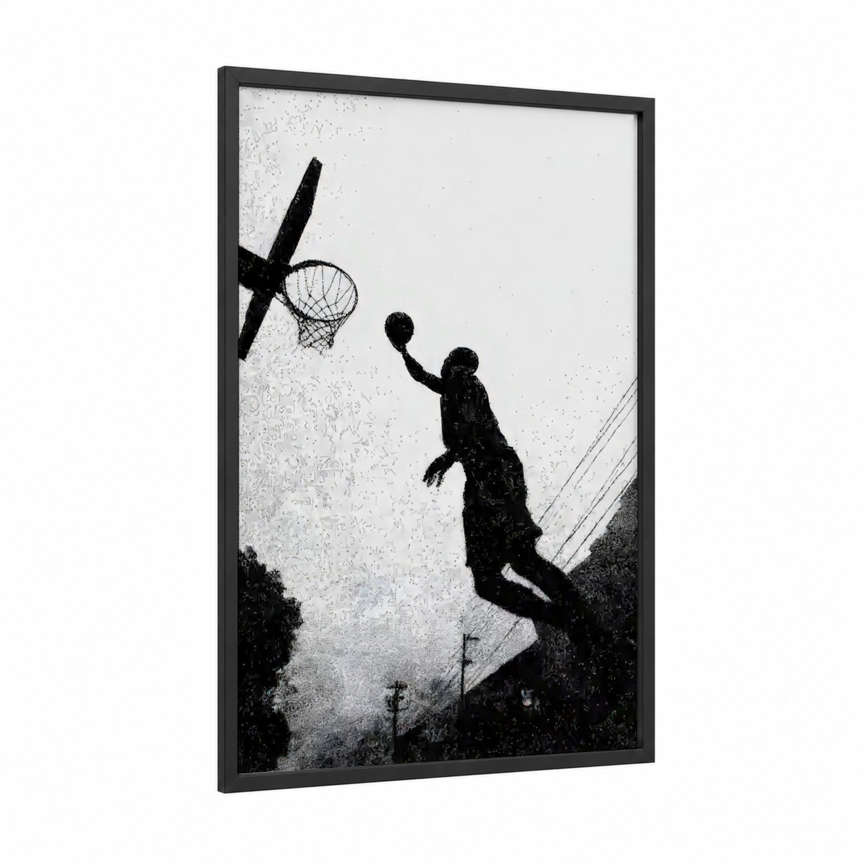 Silhouette Slam framed basketball print — black wood frame — black and white palette