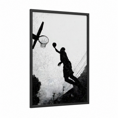 Silhouette Slam framed basketball print — black wood frame — black and white palette