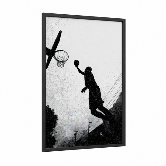 Silhouette Slam framed basketball print — black wood frame — black and white palette