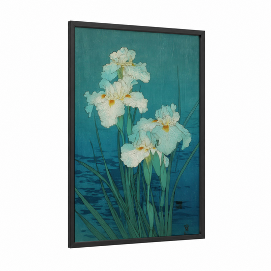 Cream Iris Cascade framed amarillys print — black wood frame — teal and cream palette