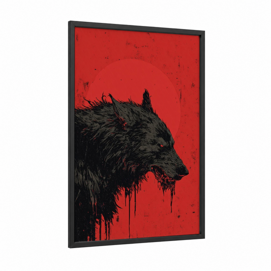 Crimson Werewolf framed art print — black wood frame — red and black palette