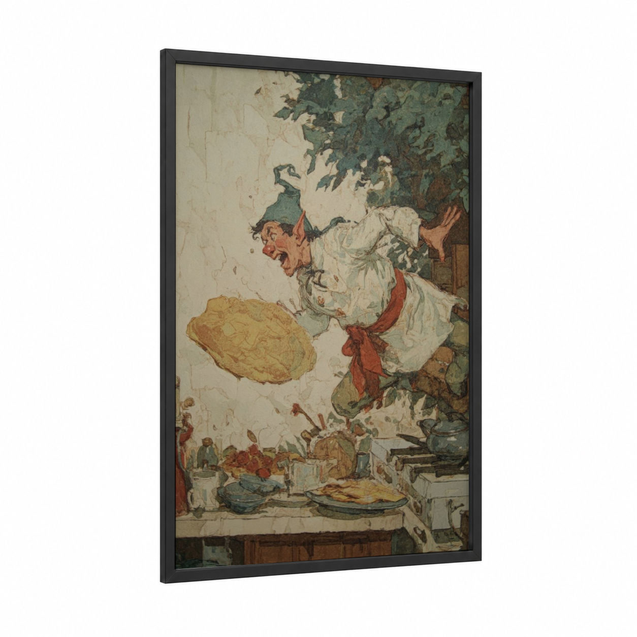 Mischievous Kitchen Elf framed art print — black wood frame — cream and olive palette