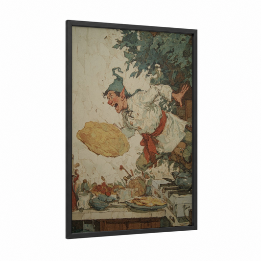Mischievous Kitchen Elf framed art print — black wood frame — cream and olive palette
