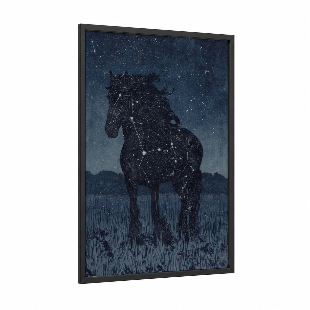 Celestial Friesian framed friesian horse print — black wood frame — dark blue and black and white palette