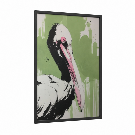 Modern Pelican framed art print — black wood frame — light green and pink palette