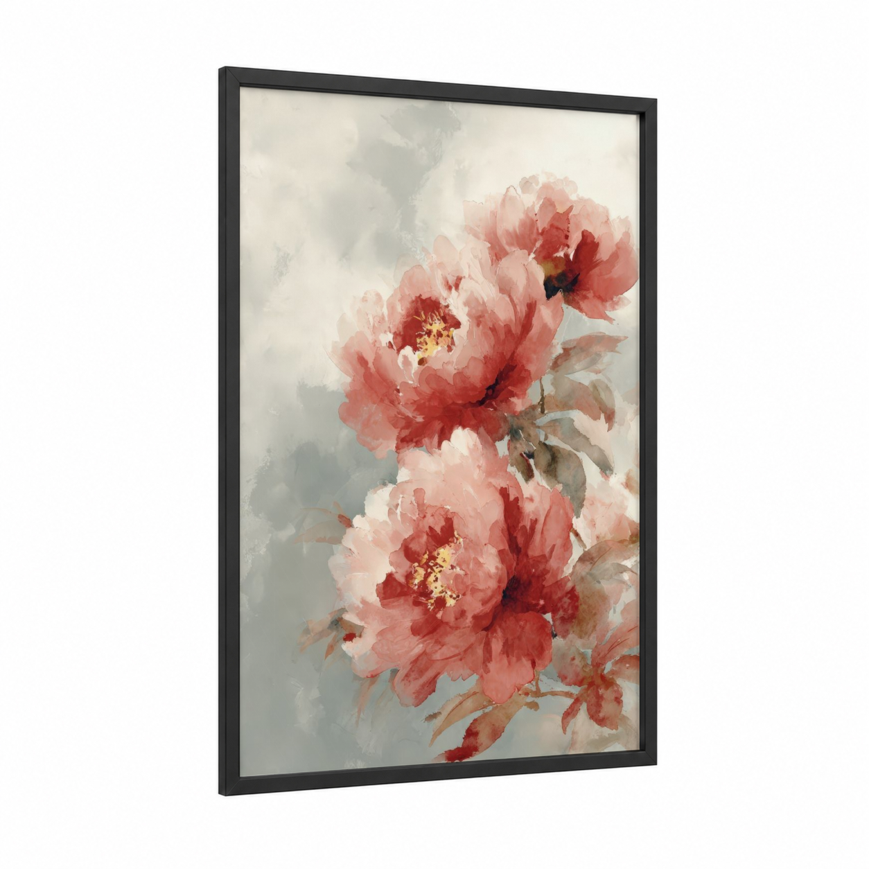 Crimson Peonies framed peony print — black wood frame — salmon pink and gray palette