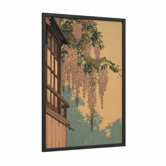 Cascading Wisteria framed art print — black wood frame — sage green and peach palette