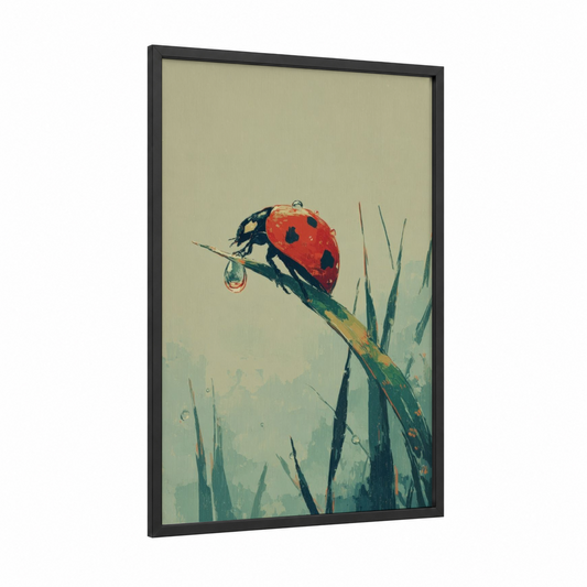 Dewdrop Ladybug framed art print — black wood frame — sage green and cream palette