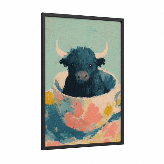 Cozy Yak Portrait framed art print — black wood frame — light green and blue palette