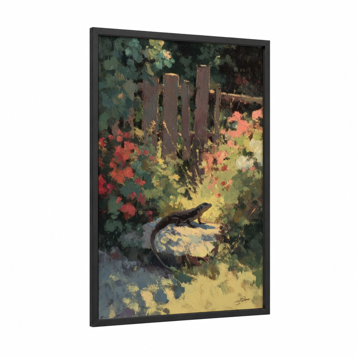 Garden Lizard framed art print — black wood frame — green and gold palette