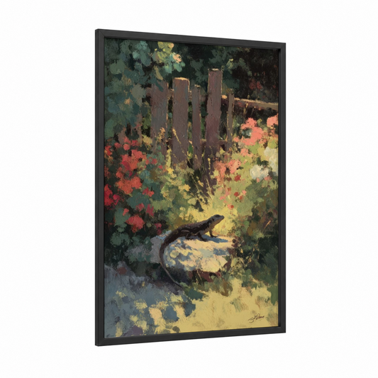Garden Lizard framed art print — black wood frame — green and gold palette