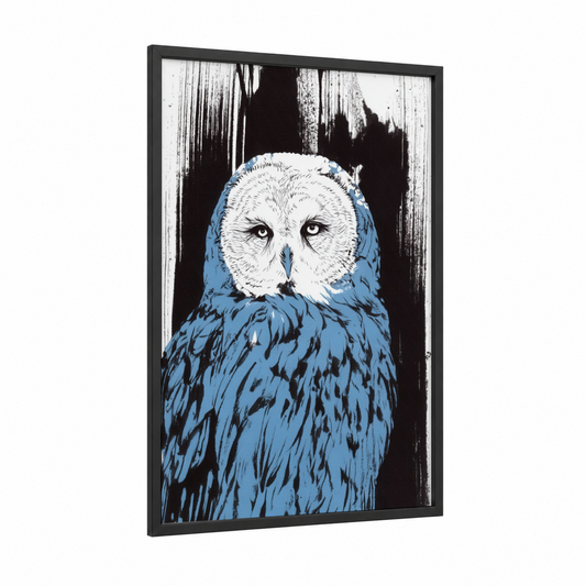 Arctic Owl Portrait framed art print — black wood frame — blue and black and white palette