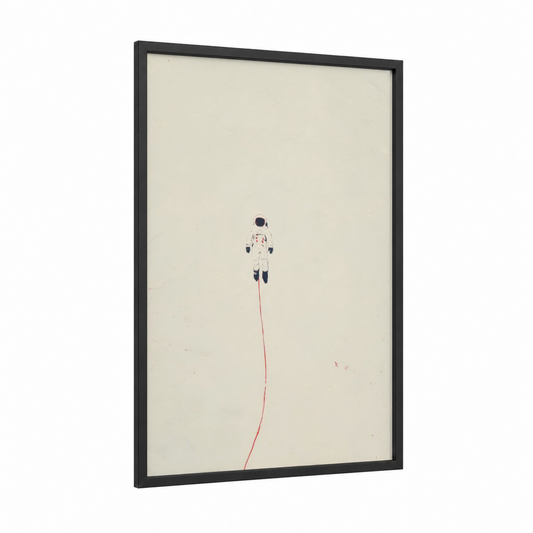 Floating Astronaut framed art print — black wood frame — cream and red palette