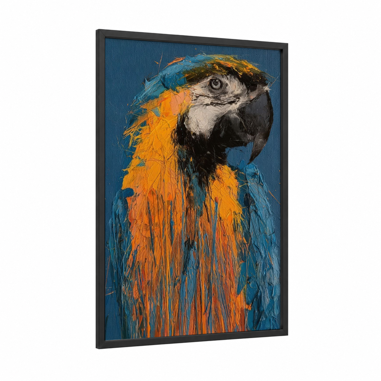Tropical Macaw Portrait framed art print — black wood frame — blue and gold and orange palette